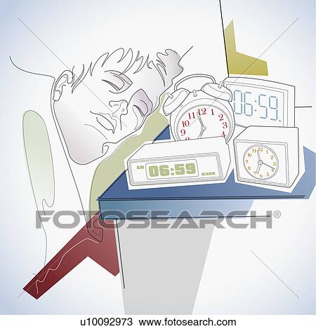 Close-up of a man sleeping with assorted alarm clocks View Large Illustration Drawing - Close-up of a man sleeping with assorted alarm clocks. Fotosearch