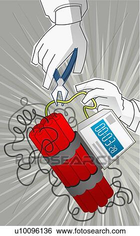 Stock Illustration - Close-up of a person's hand cutting a wire of a time bomb. Fotosearch