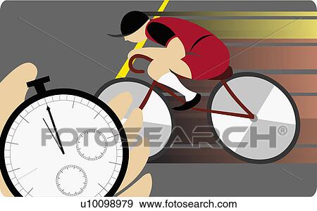 Stock Illustration - Close-up of a person's hand holding a stopwatch and a man cycling in background. Fotosearch
