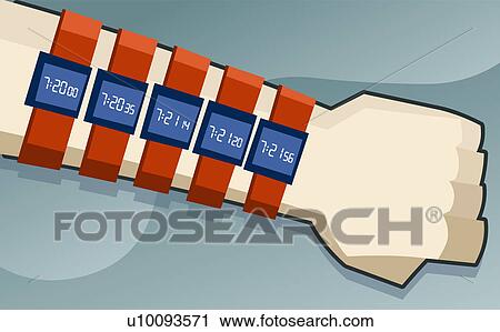 Clip Art - Close-up of a person's hand wearing wristwatches. Fotosearch