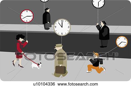 Stock Illustration - Five people holding floating clocks attached to strings. Fotosearch