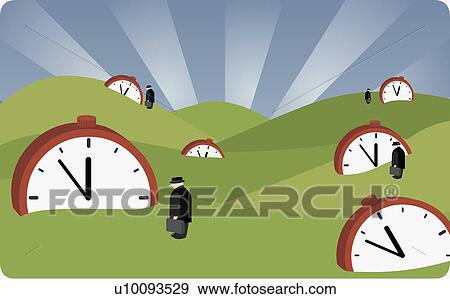 Stock Illustration - Four businessmen standing on a landscape with alarm clocks. Fotosearch