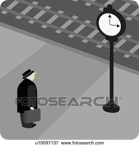 Stock Illustration - High angle view of a businessman standing at a train station. Fotosearch