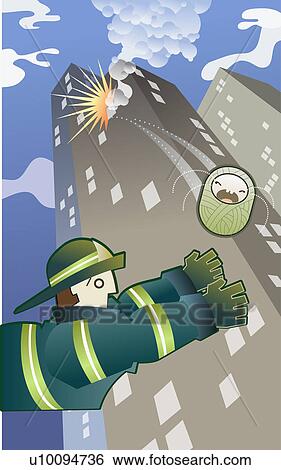 Stock Illustration - Low angle view of a firefighter catching a falling baby boy. Fotosearch