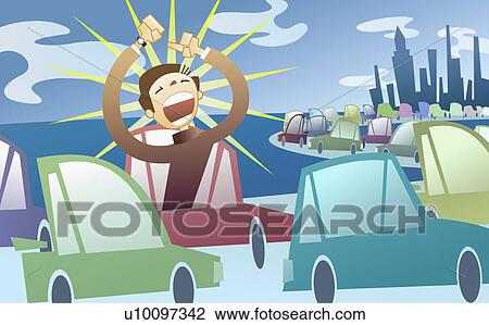 Drawing - Man shouting with frustration and anger from a car in a traffic jam. Fotosearch