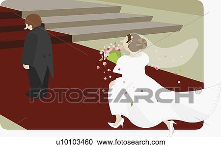 Rear view of a bride running towards a groom View Large Illustration Clipart - Rear view of a bride running towards a groom. Fotosearch