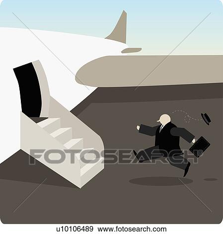Stock Illustration - Side profile of a businessman rushing towards an airplane. Fotosearch