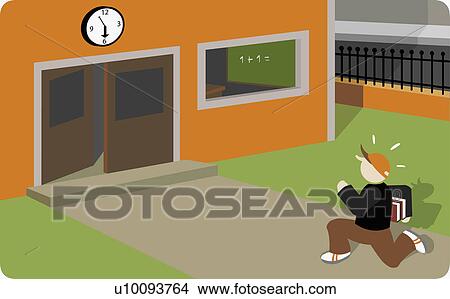 Stock Illustration - Side profile of a college student rushing towards a college building. Fotosearch