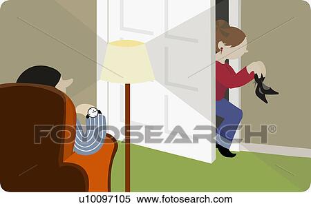 Stock Illustration - Side profile of a girl sneaking into her house with her father waiting for her. Fotosearch