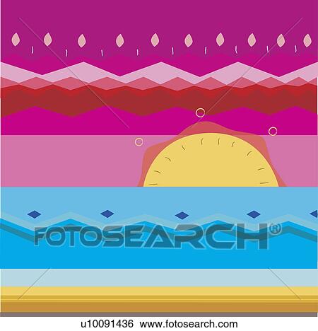 Stock Illustration - Sunrise over the sea on a Traditional American Indian pattern. Fotosearch