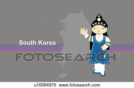 Stock Illustration - Boy in traditional clothing in front of the map of South Korea. Fotosearch