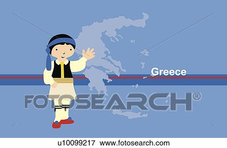 Stock Illustration - Boy in traditional clothing in front of the map of Greece. Fotosearch