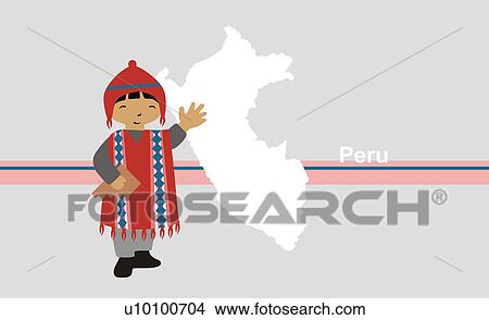 Stock Illustration - Boy in traditional clothing in front of the map of Peru. Fotosearch