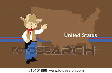Stock Illustration - Boy wearing a cowboy outfit in front of the map of USA. Fotosearch