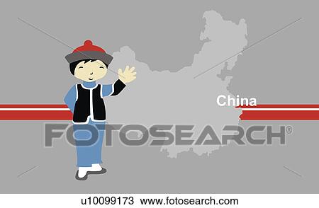 Drawing - Boy wearing traditional Chinese clothing in front of the map of China. Fotosearch