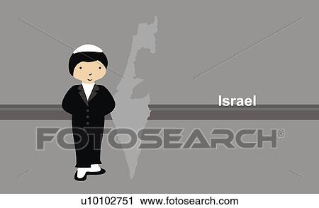 Boy wearing traditional clothing in front of the map of Israel View Large Illustration Clip Art - Boy wearing traditional clothing in front of the map of Israel. Fotosearch