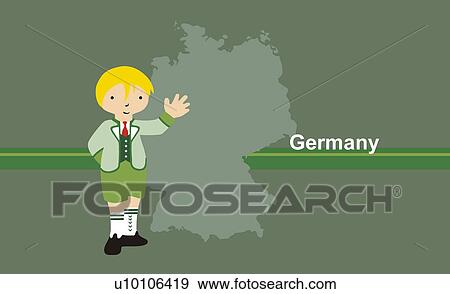 Boy wearing traditional German clothing in front of the map of Germany View Large Illustration Stock Illustration - Boy wearing traditional German clothing in front of the map of Germany. Fotosearch