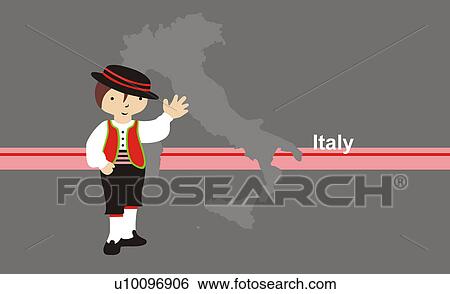 Boy wearing traditional Italian clothing in front of the map of Italy View Large Illustration Stock Illustration - Boy wearing traditional Italian clothing in front of the map of Italy. Fotosearch