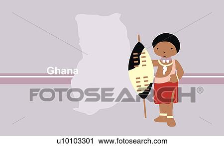 Girl in traditional clothing in front of the map of Ghana View Large Illustration Clip Art - Girl in traditional clothing in front of the map of Ghana. Fotosearch