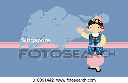 Drawing - Girl in traditional clothing in front of the map of Singapore. Fotosearch