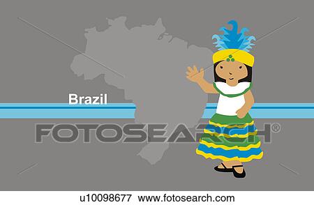 Girl in traditional clothing in front of the map of Brazil View Large Illustration Stock Illustration - Girl in traditional clothing in front of the map of Brazil. Fotosearch