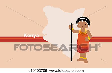Stock Illustration - Girl in traditional clothing in front of the map of Kenya. Fotosearch
