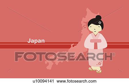 Clip Art - Girl wearing a kimono in front of the map of Japan. Fotosearch