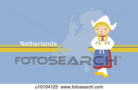 Stock Illustration - Girl wearing traditional clothing in front of the map of Netherlands. Fotosearch