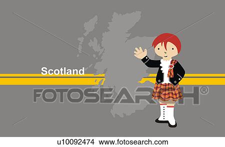 Stock Illustration - Girl wearing traditional Scottish clothing in front of the map of Scotland. Fotosearch