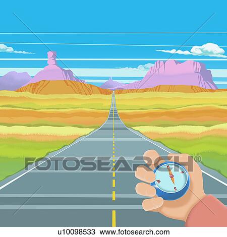 Drawing - Close-up of a person's hand holding a compass over a two lane highway. Fotosearch