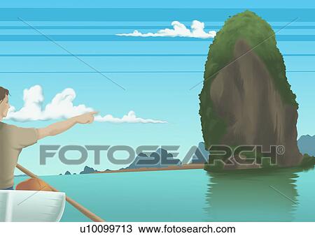 Drawing - Close-up of a young man boating and pointing to a rock. Fotosearch