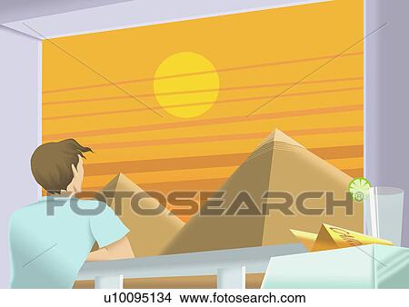Stock Illustration - Close-up of a young man looking at pyramids through a window. Fotosearch