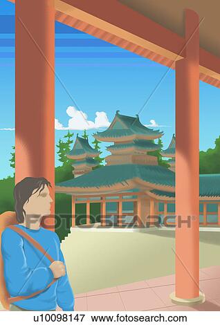 Close-up of a young man standing in front of a pagoda View Large Illustration Stock Illustration - Close-up of a young man standing in front of a pagoda. Fotosearch