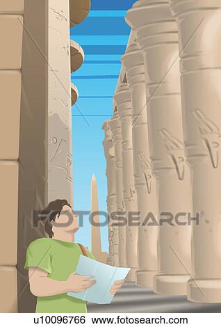 Stock Illustration - Close-up of a young man standing near columns and holding a map. Fotosearch