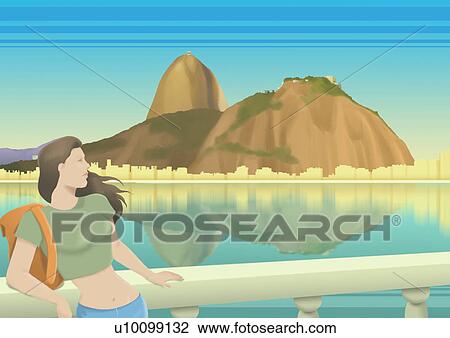 Close-up of a young woman standing and leaning against a balustrade View Large Illustration Drawing - Close-up of a young woman standing and leaning against a balustrade. Fotosearch