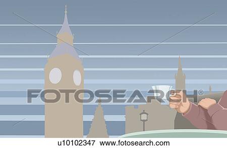 Close-up of human hands holding a cup with buildings and a tower in the background, Big Ben, London, England View Large Illustration Stock Illustration - Close-up of human hands holding a cup with buildings and a tower in the background, Big Ben, London, England. Fotosearch