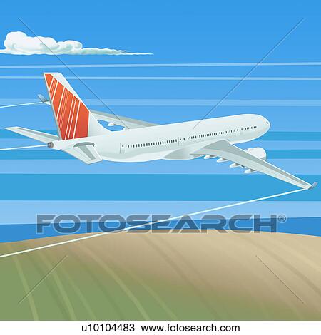Drawing - High angle view of an airplane in flight. Fotosearch