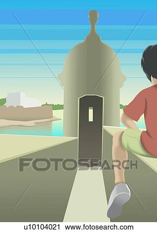 Clip Art - Rear view of a boy sitting on wall in front of a tower. Fotosearch