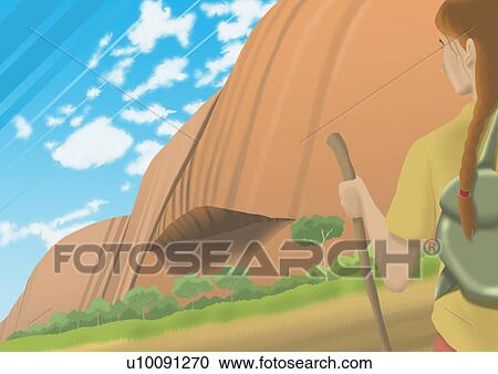 Clipart - Rear view of a girl holding a wooden stick. Fotosearch