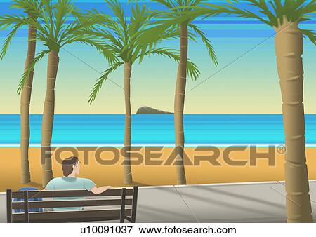 Stock Illustration - Rear view of a young man sitting on a bench. Fotosearch