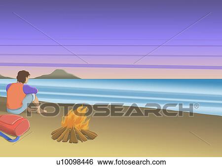 Rear view of a young man sitting on the beach View Large Illustration Stock Illustration - Rear view of a young man sitting on the beach. Fotosearch