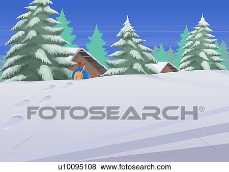 Stock Illustration - Rear view of a young man standing in a snow covered landscape. Fotosearch