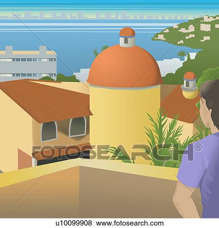 Stock Illustration - Rear view of a young man standing in a balcony and looking out. Fotosearch