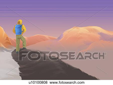 Rear view of a young man standing on a hilltop View Large Illustration Stock Illustration - Rear view of a young man standing on a hilltop. Fotosearch