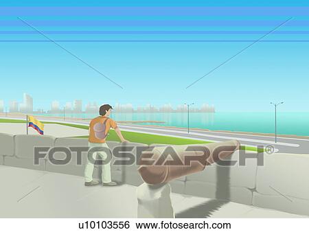 Stock Illustration - Rear view of a young man standing beside a cannon and looking ahead. Fotosearch