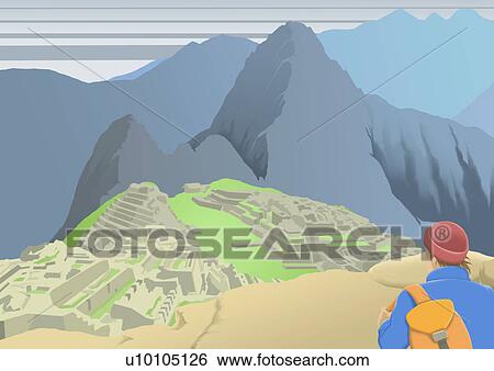 Stock Illustration - Tourist standing on a hilltop and looking at old ruins. Fotosearch