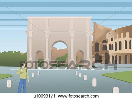 Clip Art - Young man holding a camera and standing in front of an archway. Fotosearch