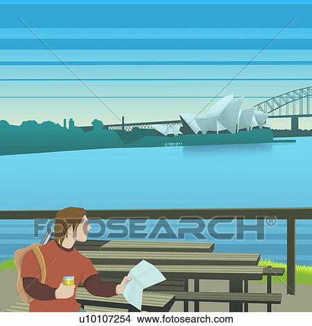 Stock Illustration - Young man sitting on a bench and holding a map, Sydney Opera House, Sydney, Australia. Fotosearch