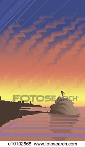 Stock Illustration - Young man standing on a rock and carrying a backpack. Fotosearch