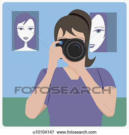 Stock Illustration - Close-up of a female photographer taking a photograph. Fotosearch